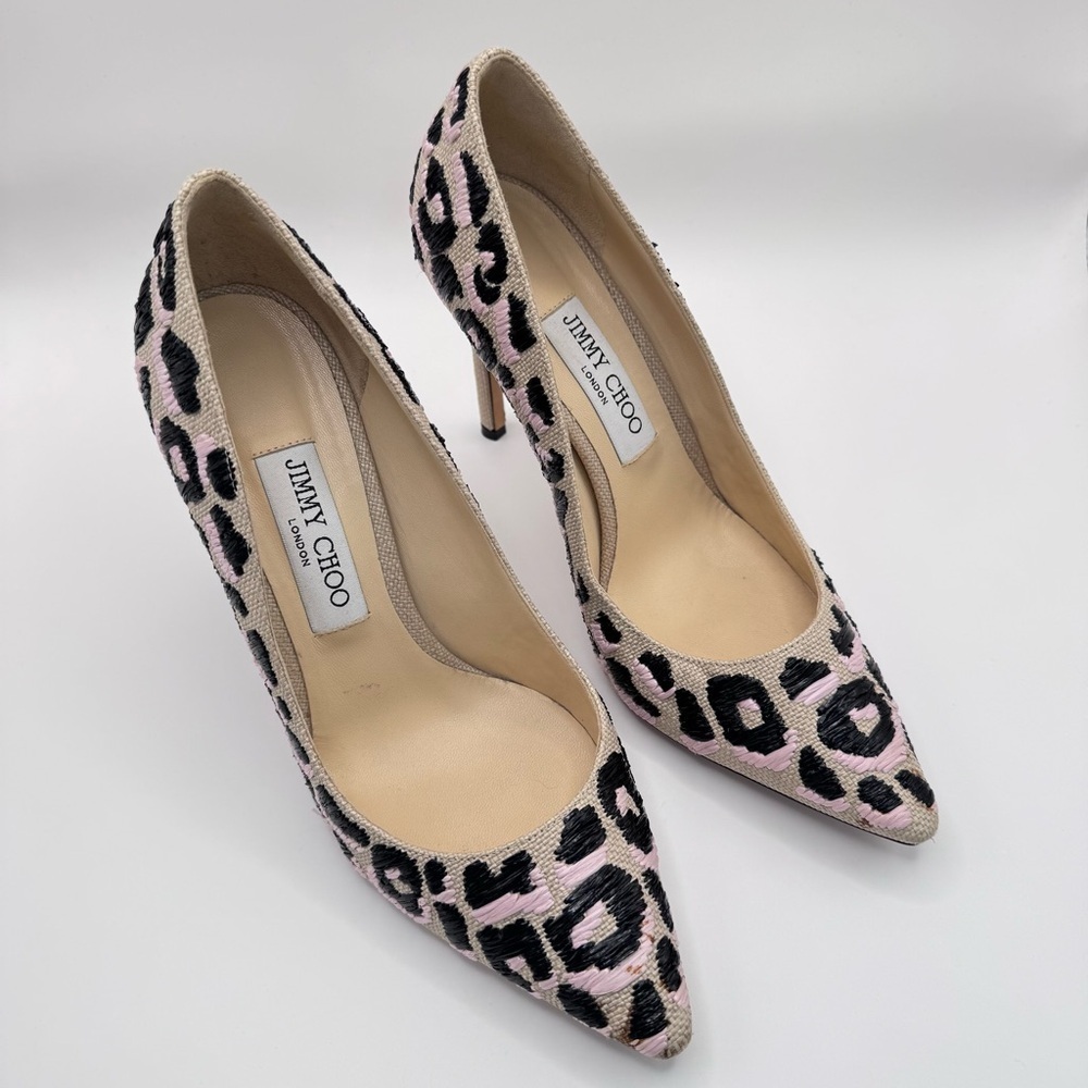 Jimmy Choo Woven Raffia Leopard Pink Black Natural Motif Romy Pumps Heels